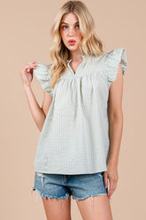 Ces Femme Plaid Notched Ruffled Cap Sleeve Blouse OutfitFlow